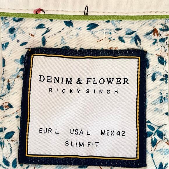 Denim & Flower Short Sleeve Button Up Shirt Mens LARGE Flamingo Palm Trees Print - Picture 8 of 10